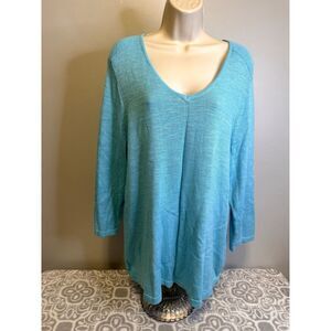 Chicos Size 3 / XL 14-16 Aqua Loose Weave Cotton Summer Sweater - EUC